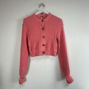 Free People Womens Pink Ribbed Knit Button Front Cropped Cardigan Sweater XS
